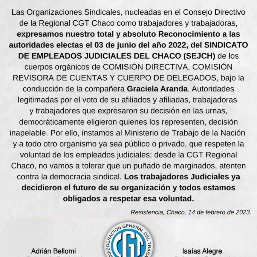 La CGT respalda a la conducci&oacute;n del Sindicato de Empleados Judiciales
