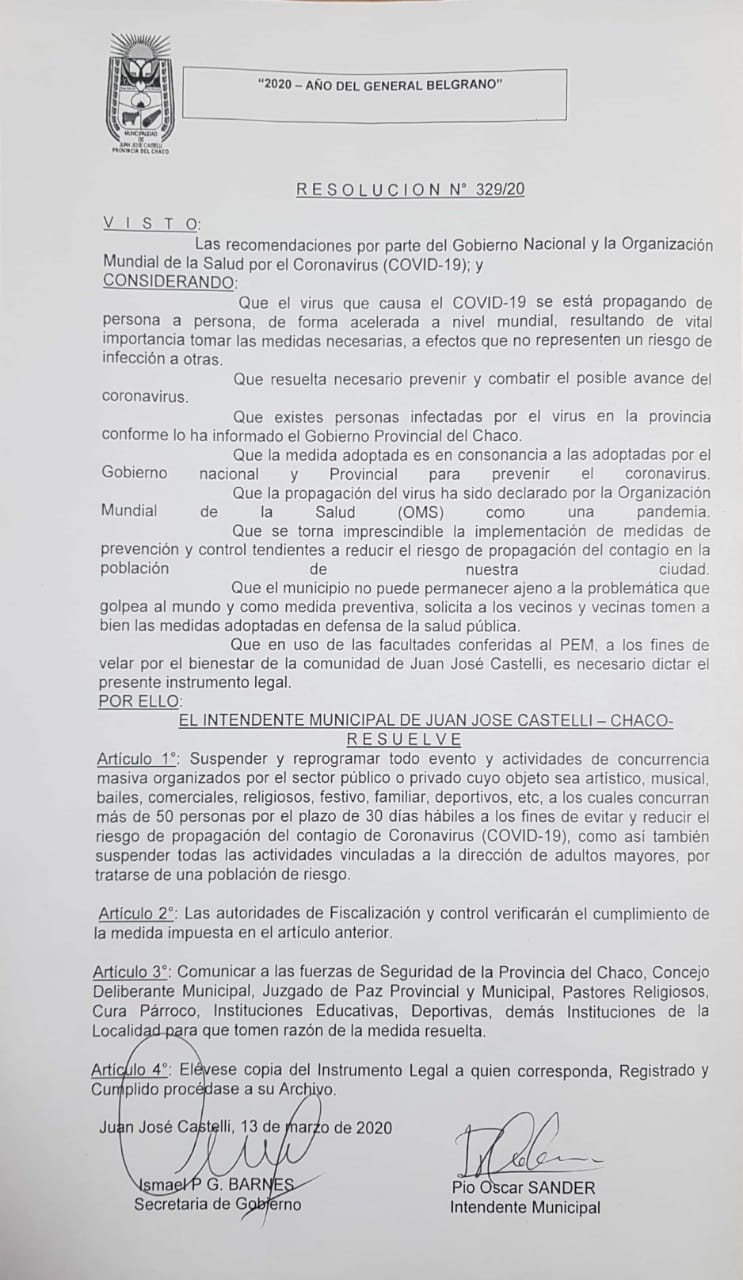 Municipio de Castelli suspende actividades por el Corona virus