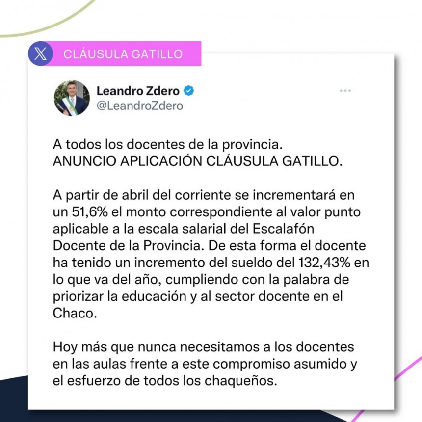 El Gobierno anunci&oacute; un aumento del 51% para los docentes por la aplicaci&oacute;n de la cl&aacute;usula gatillo
