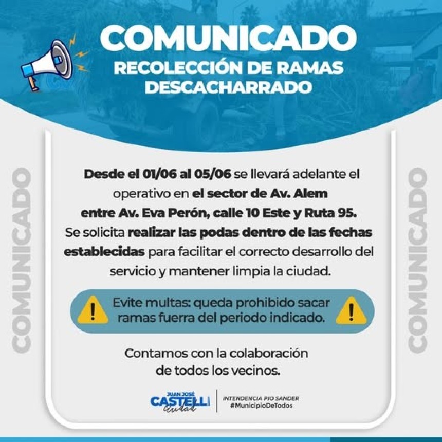 Descacharrdo en Av. Alem entre Av. Eva Per&oacute;n hasta Ruta 95 del 01 al 05 de junio
