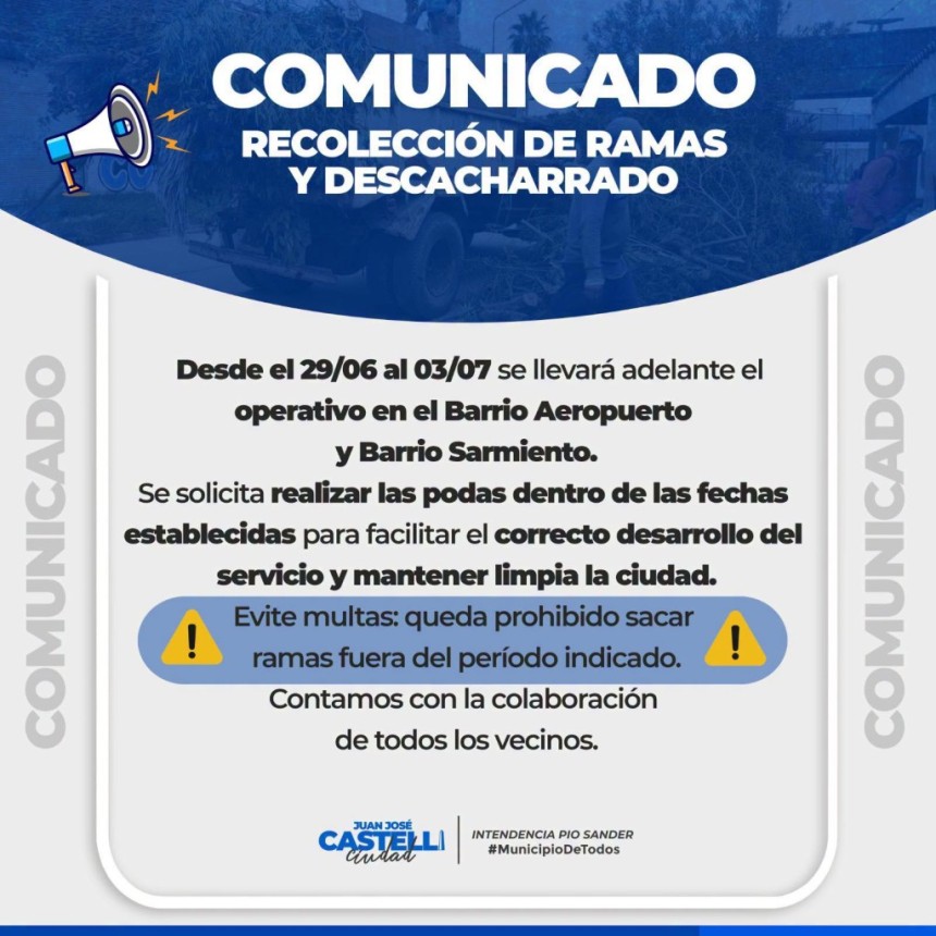 Atenci&oacute;n Barrio Aeropuerto y Sarmiento, esta semana toca descacharrado y recolecci&oacute;n de ramas 