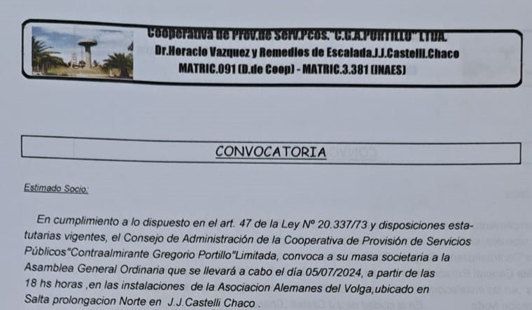 Convoctoria a Asamblea de la Cooperativa de Provisión de Servicios Públicos C. Gregorio Portillo Limitada