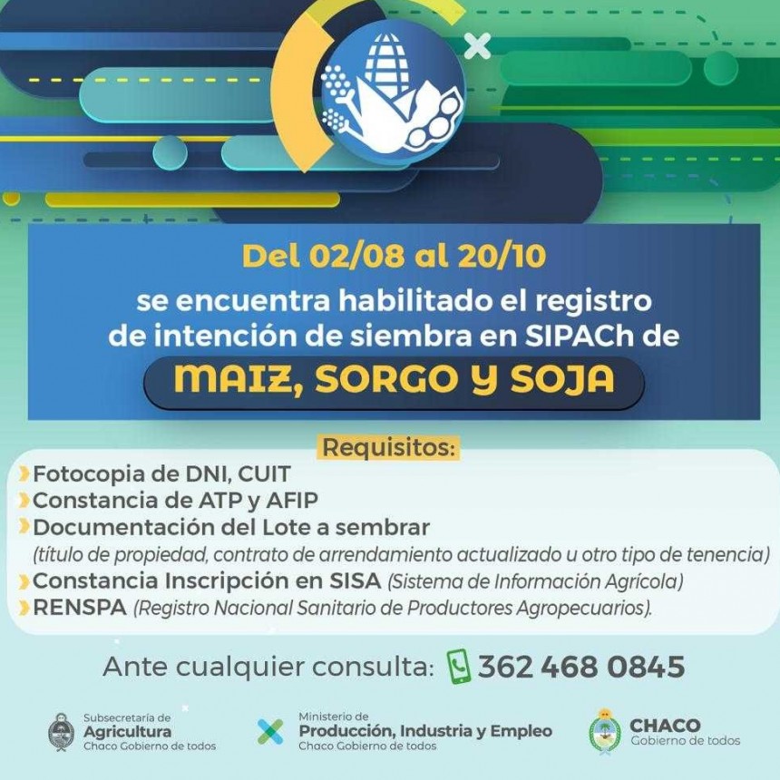 Producci&oacute;n abri&oacute; el Registro de Intenci&oacute;n de Siembra para cuatro cultivos