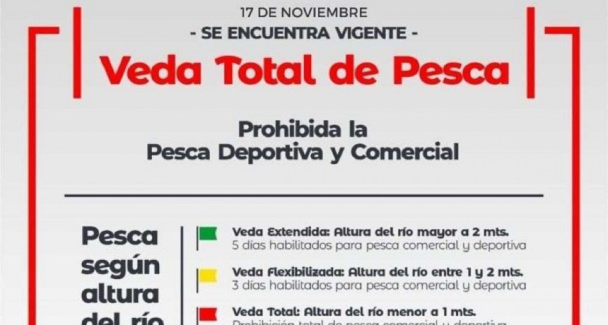 Veda total para la pesca deportiva y comercial en la provincia